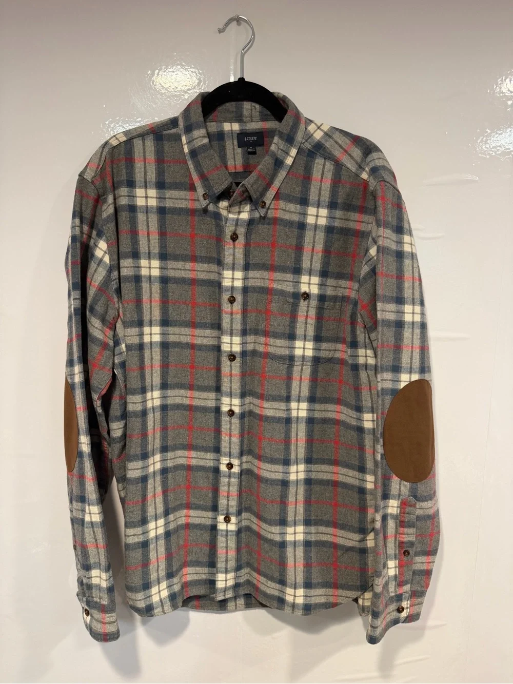 J. Crew Men’s Plaid Button-Down Shirt with Elbow Patches - Gray/Red